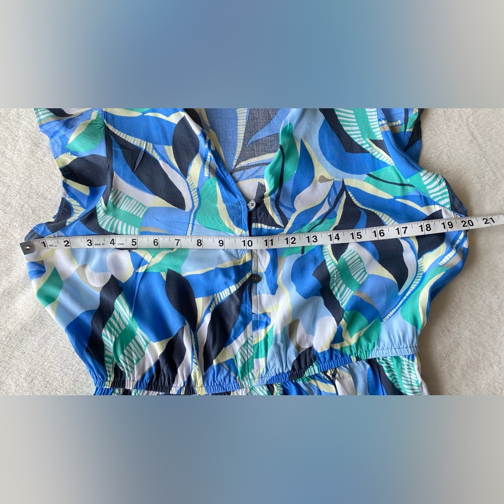 LOFT Blue Green Abstract Print Ruffle Sleeve Maxi Dress Large Petite - Picture 12 of 15